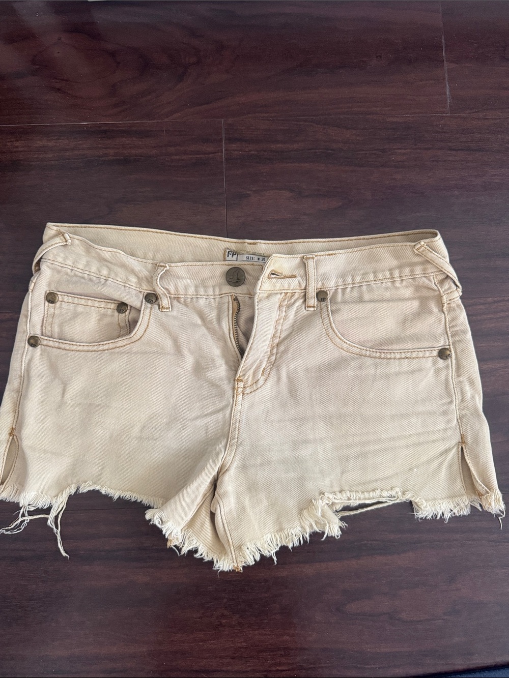 Free People Cream Frayed Hem Denim Shorts